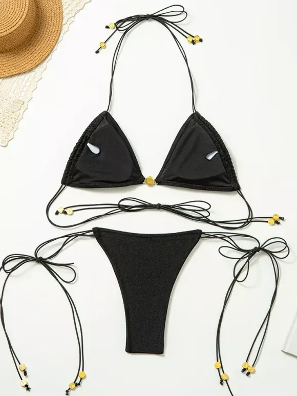 Solid Color Elastic String Bikini 2 Piece Set For Summer 2026