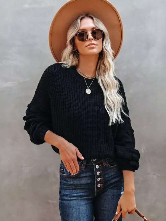 Solid Color Knit Pullover Sweater With Bubble Sleeve For Women 2026