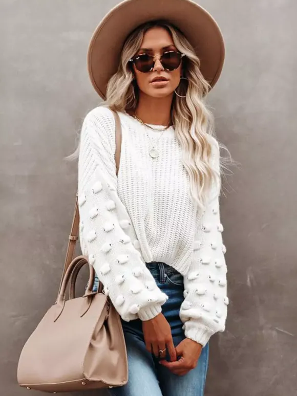 Solid Color Knit Pullover Sweater With Bubble Sleeve For Women 2026