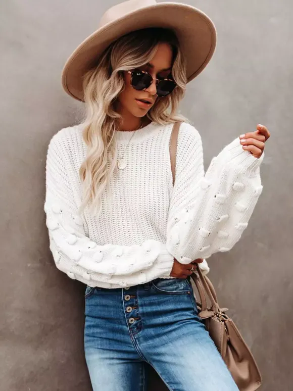 Solid Color Knit Pullover Sweater With Bubble Sleeve For Women 2026