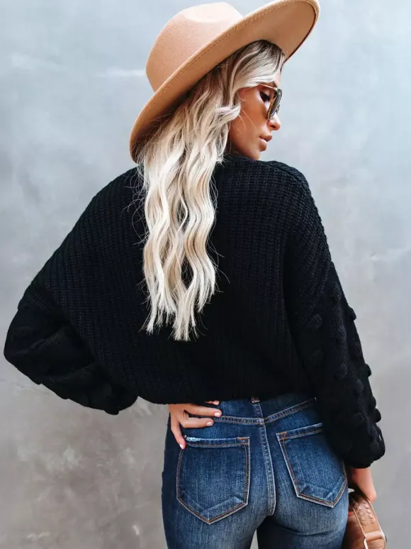 Solid Color Knit Pullover Sweater With Bubble Sleeve For Women 2026