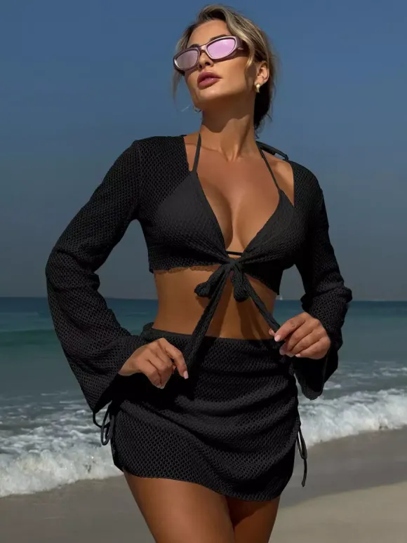 Solid Color Halter Bikini And Cover-ups 4 Piece Swimsuit Set For Summer 2026