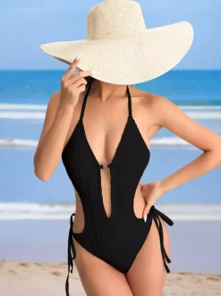 Solid Color Monokini Sexy Cutout Halter Neck One-Piece Swimsuit For Summer 2026