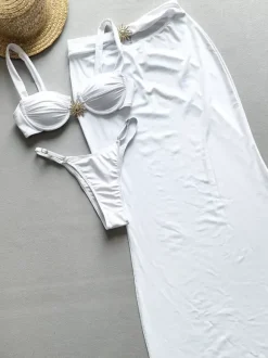 Solid Color Sexy Bikini And Long Beach Skirt 2-piece Swimsuit Set For Summer 2026
