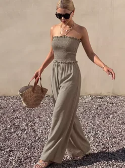 Solid Taupe Strapless Jumpsuit Ruffle Edge Smocked Bust Elastic High Waist Flow Wide Leg Casual Vacation Playsuit