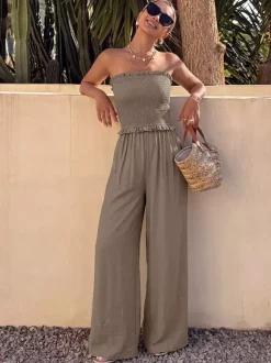 Solid Taupe Strapless Jumpsuit Ruffle Edge Smocked Bust Elastic High Waist Flow Wide Leg Casual Vacation Playsuit