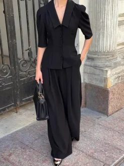 Sophisticated French Style Co-ord Set Women - Puff Sleeve Notch Collar Top Black Wide Leg Pants - Summer Workwear 2026