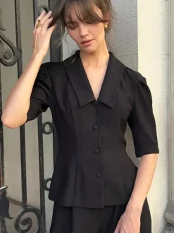 Sophisticated French Style Co-ord Set Women - Puff Sleeve Notch Collar Top Black Wide Leg Pants - Summer Workwear 2026