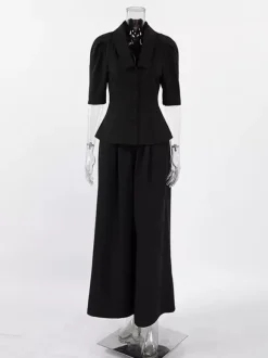 Sophisticated French Style Co-ord Set Women - Puff Sleeve Notch Collar Top Black Wide Leg Pants - Summer Workwear 2026