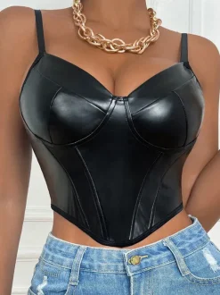 Spaghetti Strap Corset Sweetheart Bustiers Women Bra Black Sexy PU Leather Crop Tops