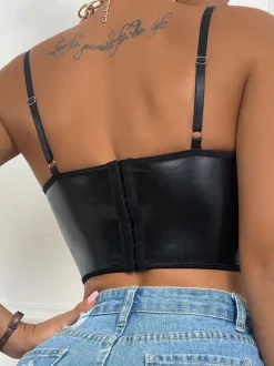 Spaghetti Strap Corset Sweetheart Bustiers Women Bra Black Sexy PU Leather Crop Tops