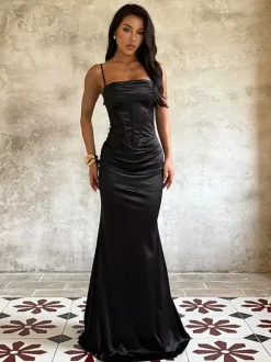 Spaghetti Strap Corset Maxi Dress For Women - Black Elegant Bodycon Gown - Spring Evening Wedding Guest 2026