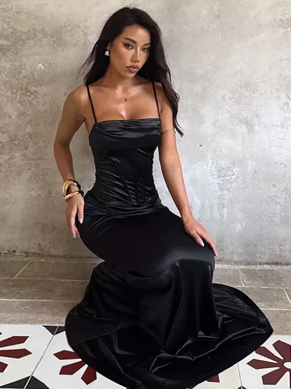 Spaghetti Strap Corset Maxi Dress For Women - Black Elegant Bodycon Gown - Spring Evening Wedding Guest 2026