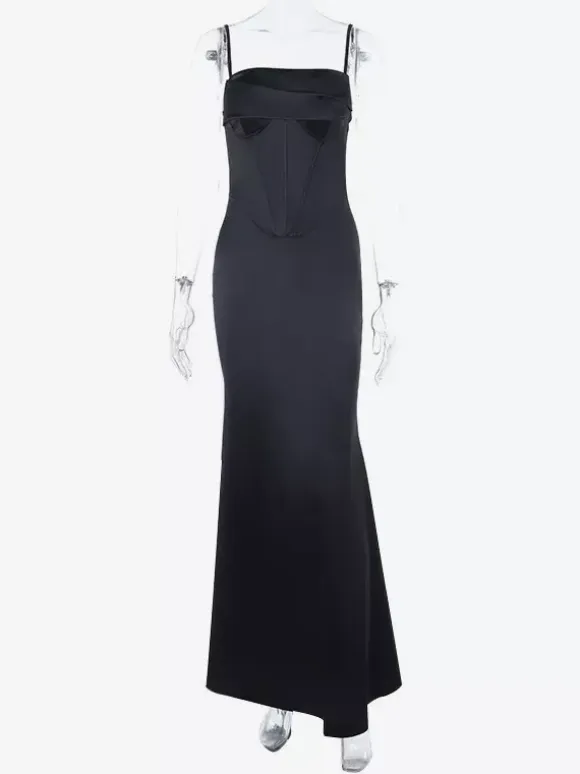 Spaghetti Strap Corset Maxi Dress For Women - Black Elegant Bodycon Gown - Spring Evening Wedding Guest 2026