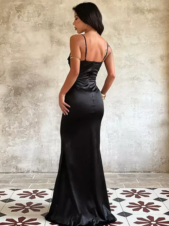 Spaghetti Strap Corset Maxi Dress For Women - Black Elegant Bodycon Gown - Spring Evening Wedding Guest 2026