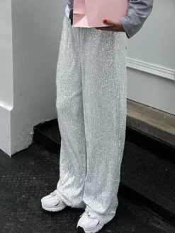 Sparkle Pants High Waist Wide Leg Sequins Chic Trousers For Women