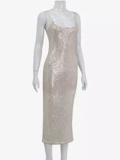 Sparkly Sequin Maxi Slip Dress For Women - Glam Spaghetti Strap Bodycon - Spring Night Out Club Party 2026