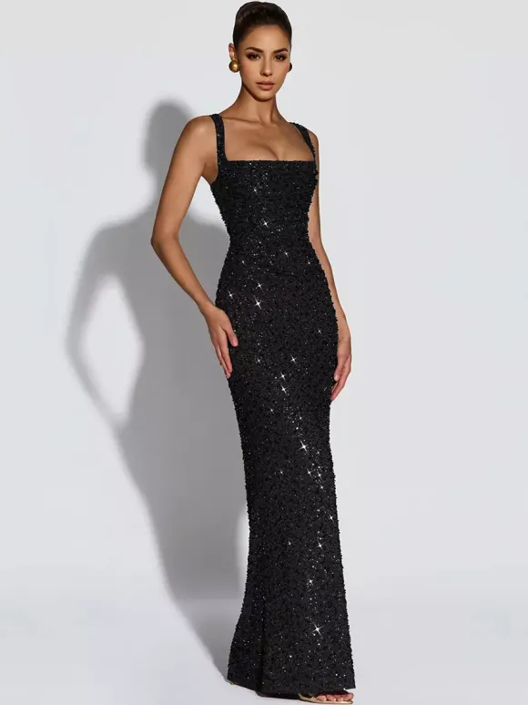 Sparkly Sequin Maxi Formal Dress For Women - Square Neck Slim Fit Back Lace-up Bodycon Mermaid Gown - Summer Gala Prom 2026