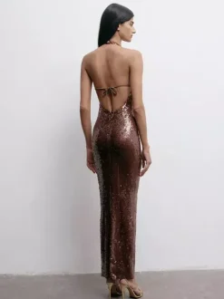 Sparkly Sequin Maxi Formal Dress For Women - Brown Halter Backless Bodycon Slim Long Gown - Summer Gala Night Out Party 2026