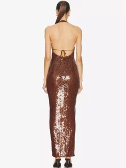 Sparkly Sequin Maxi Formal Dress For Women - Brown Halter Backless Bodycon Slim Long Gown - Summer Gala Night Out Party 2026