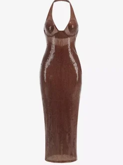 Sparkly Sequin Maxi Formal Dress For Women - Brown Halter Backless Bodycon Slim Long Gown - Summer Gala Night Out Party 2026