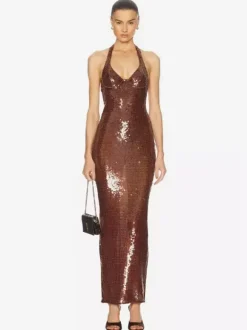Sparkly Sequin Maxi Formal Dress For Women - Brown Halter Backless Bodycon Slim Long Gown - Summer Gala Night Out Party 2026