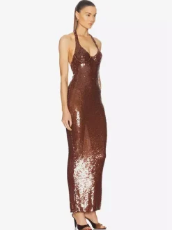 Sparkly Sequin Maxi Formal Dress For Women - Brown Halter Backless Bodycon Slim Long Gown - Summer Gala Night Out Party 2026