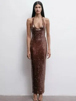 Sparkly Sequin Maxi Formal Dress For Women - Brown Halter Backless Bodycon Slim Long Gown - Summer Gala Night Out Party 2026