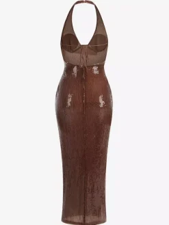 Sparkly Sequin Maxi Formal Dress For Women - Brown Halter Backless Bodycon Slim Long Gown - Summer Gala Night Out Party 2026