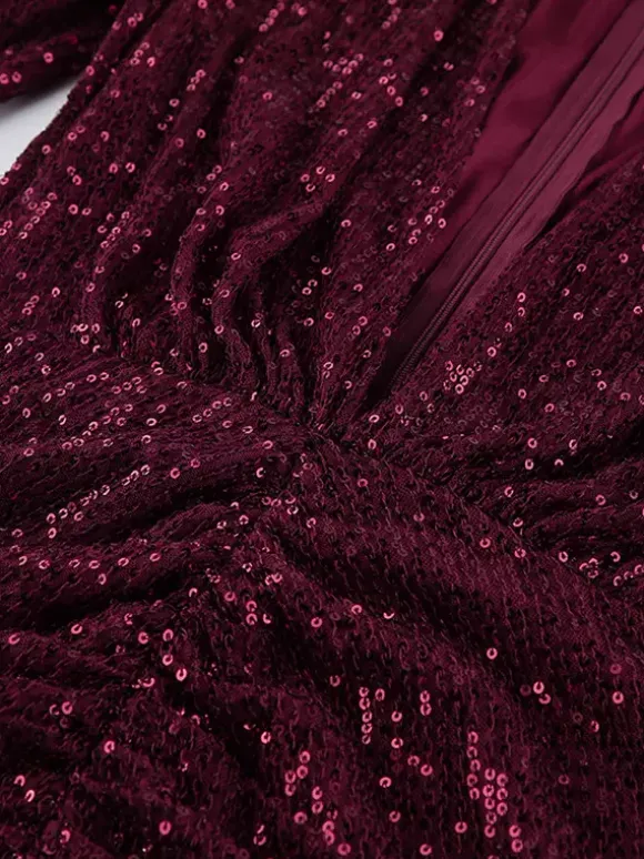 Sparkly Sequin Mini Dress For Women - Sexy Deep V Neck Long Sleeve Ruched Bodycon - Spring Cocktail Party Clubwear 2026