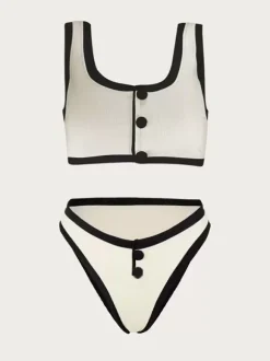 Sporty Bikinis Contrast Edge Buttons Square Neck Beach 2 Pieces Set