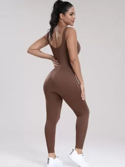 Sporty Jumpsuit Scoop Neckline Activewear In Solid Color