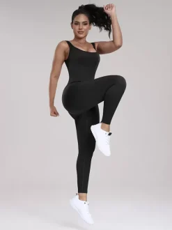 Sporty Jumpsuit Scoop Neckline Activewear In Solid Color