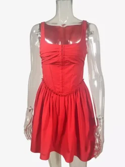 Square Neck Corset Waist V Shape Ruched Pleated Mini Dress For Women 2026