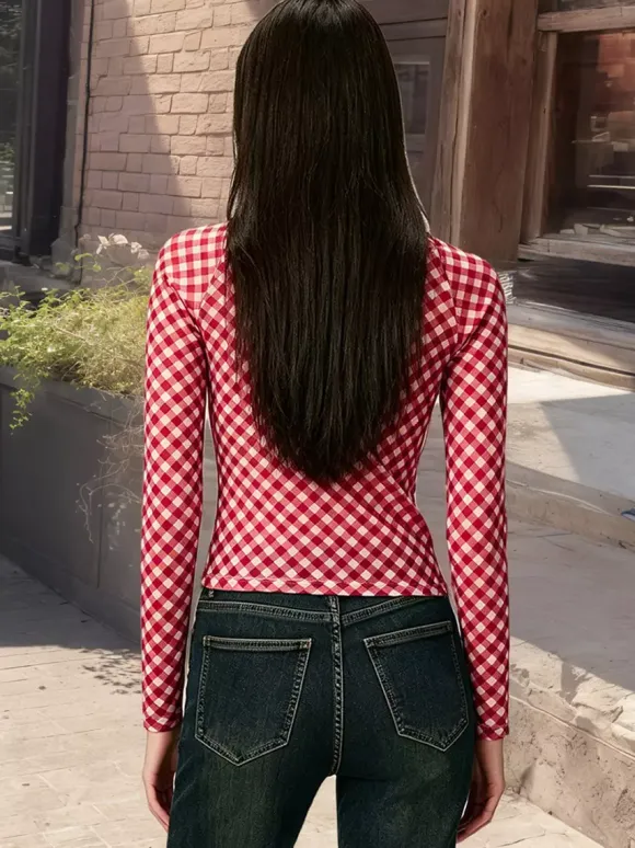 Square Neck Gingham Check Long Sleeve Ruched Slim Fitted Crop Top Blouse