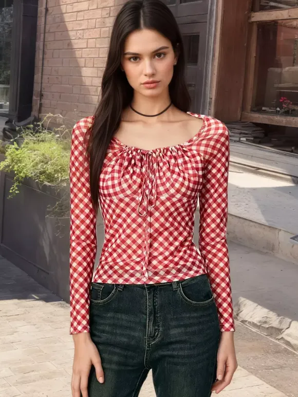 Square Neck Gingham Check Long Sleeve Ruched Slim Fitted Crop Top Blouse