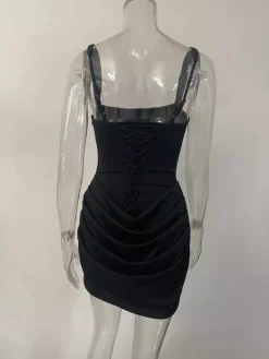 Square Neck Lace Up Back Corset Ruched Mini Bodycon Dress For Women 2026