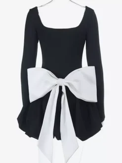 Square Neck Women Bubble Mini Dress With Big Bow - Black Long Sleeve Elegant Contrast - Audrey Style Spring Party Wear 2026