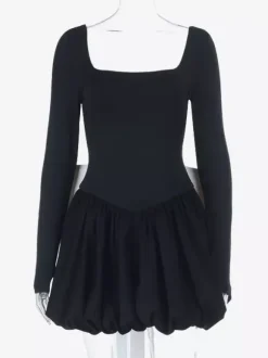 Square Neck Women Bubble Mini Dress With Big Bow - Black Long Sleeve Elegant Contrast - Audrey Style Spring Party Wear 2026