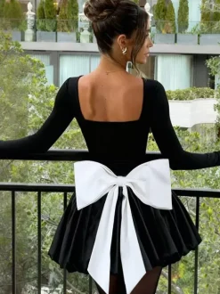 Square Neck Women Bubble Mini Dress With Big Bow - Black Long Sleeve Elegant Contrast - Audrey Style Spring Party Wear 2026