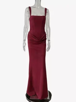 Square Neck Bodycon Lace Up Back Ruched Mermaid Maxi Party Dress For Women 2026