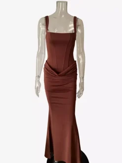 Square Neck Bodycon Lace Up Back Ruched Mermaid Maxi Party Dress For Women 2026