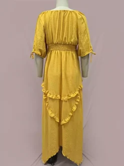 Square Neck Boho Maxi Dress for Women - Three Quarter Sleeve Tiered Ruffle Hem Smocked Flowy Long Dress - Summer Beach 2026