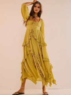 Square Neck Boho Maxi Dress for Women - Three Quarter Sleeve Tiered Ruffle Hem Smocked Flowy Long Dress - Summer Beach 2026