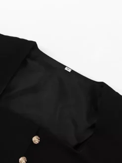 Square Neck Button-Up Blazer Jacket With Gold Buttons Slim Fit Black Top For Women 2026