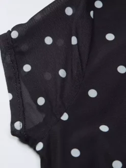 Square Neck Cap Sleeve Polka Dot Ruched Crop Top