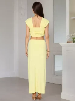Square Neck Cap Sleeve Ruched Crop Top Mermaid Maxi Skirt 2 Piece Outfit Set