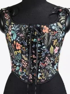 Square Neck Floral Print Tie Strap Corset Crop Camisole Front Lace Up