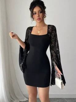 Square Neck Lace Flare Long Sleeve Bodycon Mini Dress For Women 2026