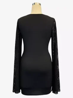 Square Neck Lace Flare Long Sleeve Bodycon Mini Dress For Women 2026